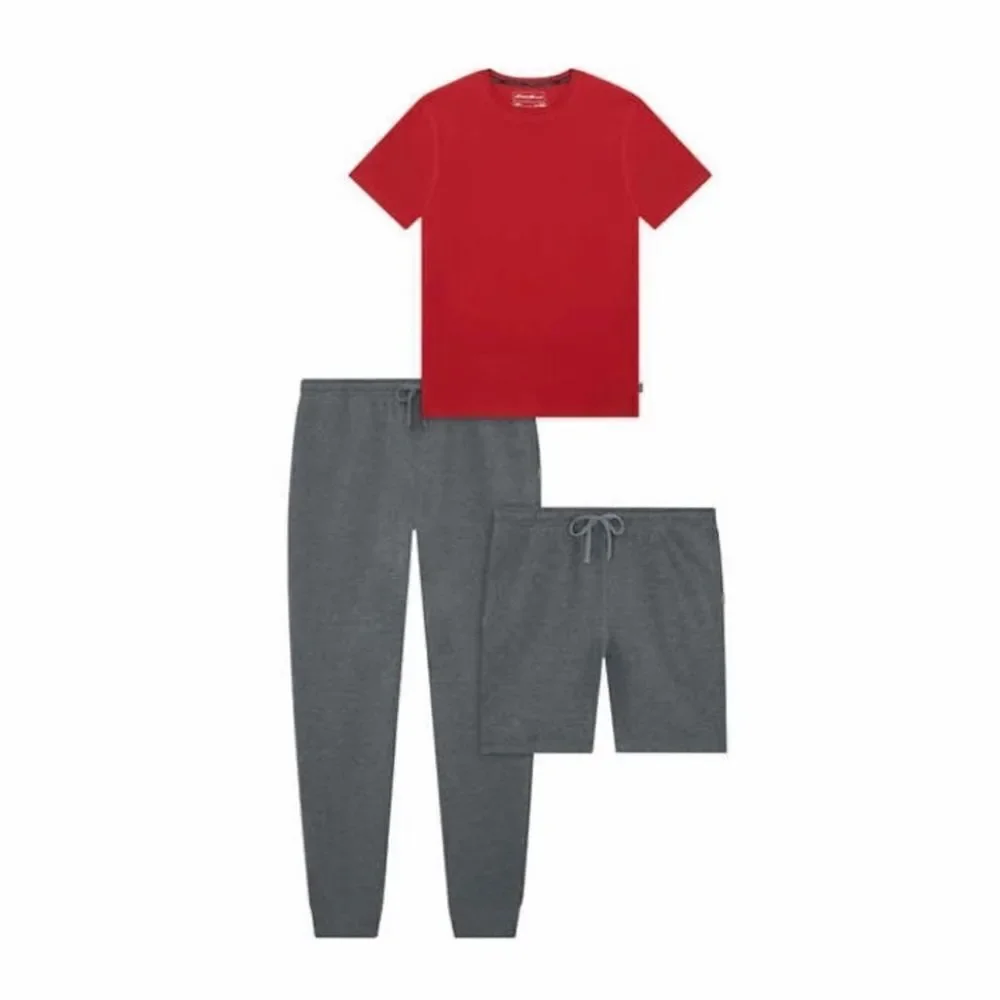 Eddie Bauer Men’s 3-piece Lounge Set Size Large Shirt Short Jogger Red Gray